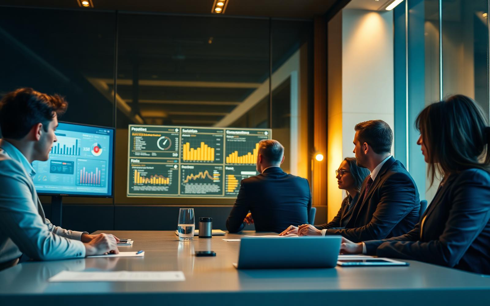 Reunião corporativa com dashboard de indicadores